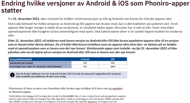 InfEndring hvilke versjon android støttes