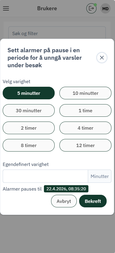 TelluCare - Choose what duration to pause the alarms for