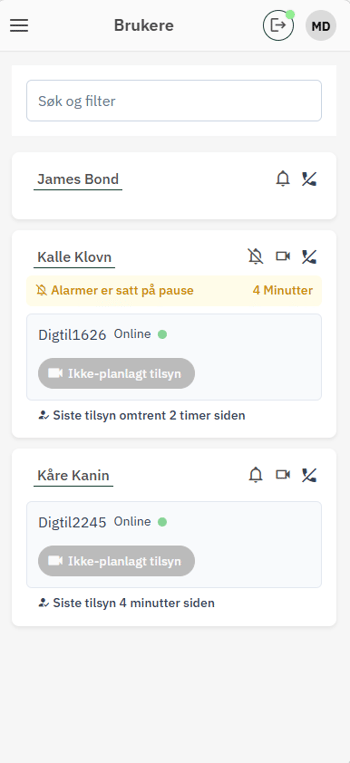 TelluCare - Click on the bell icon next to an user to pause alarms