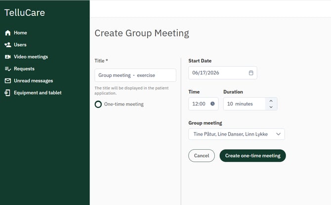 Fill in start date, time, duration and attendees to create a group meeting