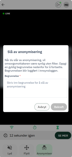 Årsak for deaktivering av anonymisering
