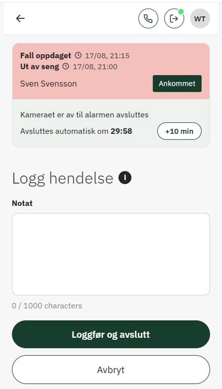 Kameraalarmer pauses ved oppmøte og aktiveres igjen når alarmen avsluttes1