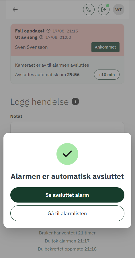 Kameraalarmer pauses ved oppmøte og aktiveres igjen når alarmen avsluttes2