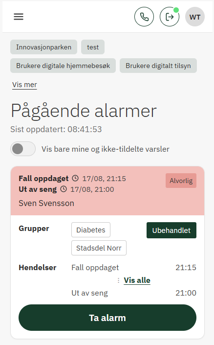 Varsling kun til ansvarlig tjenesteutøver som håndterer alarmen1